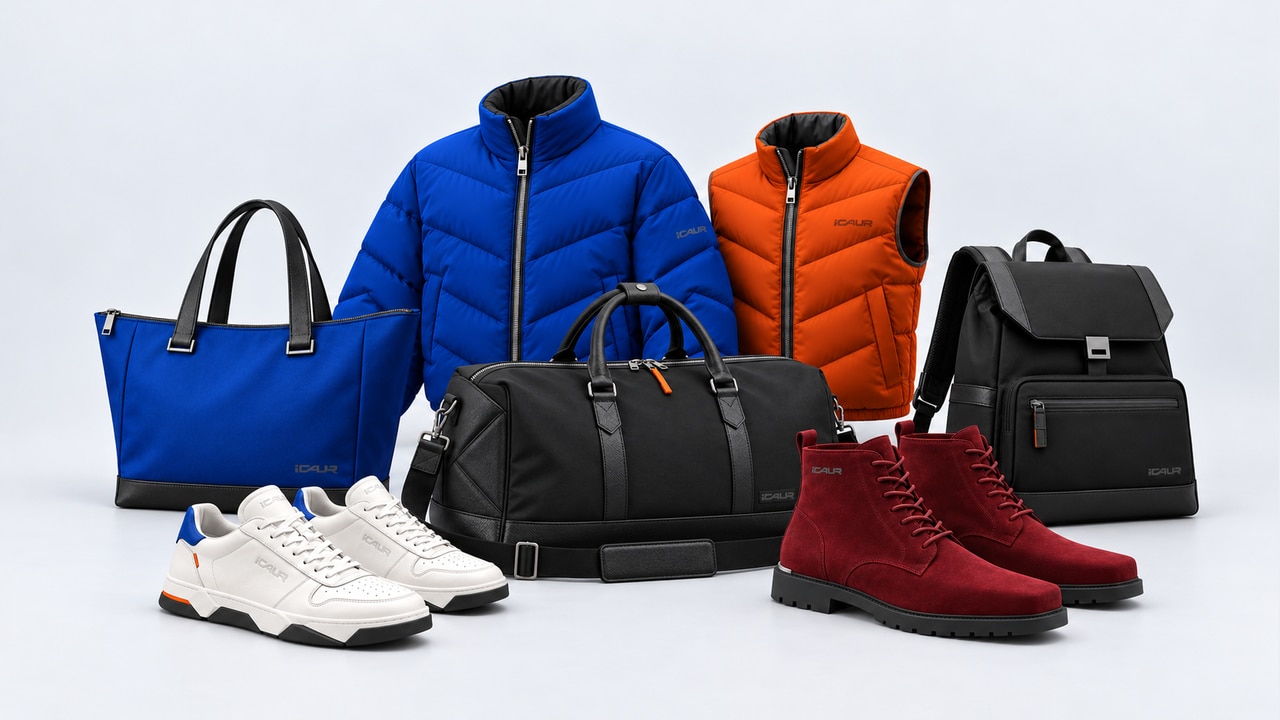 iCAUR Atelier capsule with sculptural cobalt and orange layers, oxblood boots and architectural bags