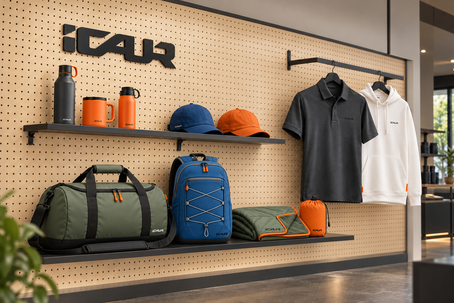 Concept iCAUR display with green duffel, blue backpack, orange details and technical apparel