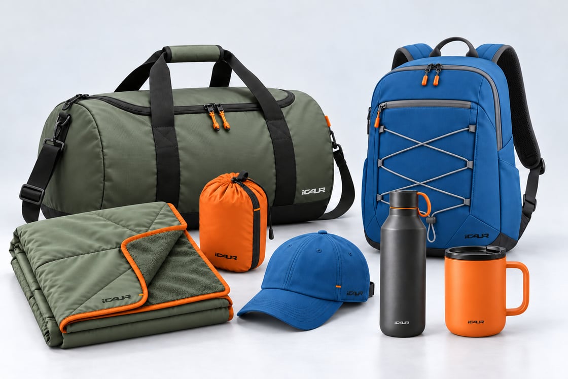 iCAUR travel collection with bags, blanket and cap
